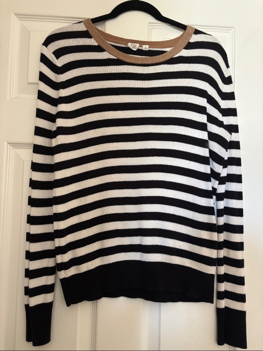 GAP Black, White and Tan Striped Crewneck Sweater